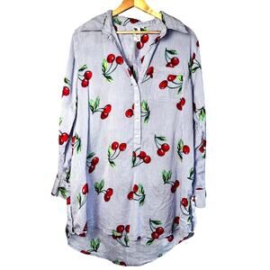 Violet Sky Blue Striped Cherry Print Half Button Top Size Medium
